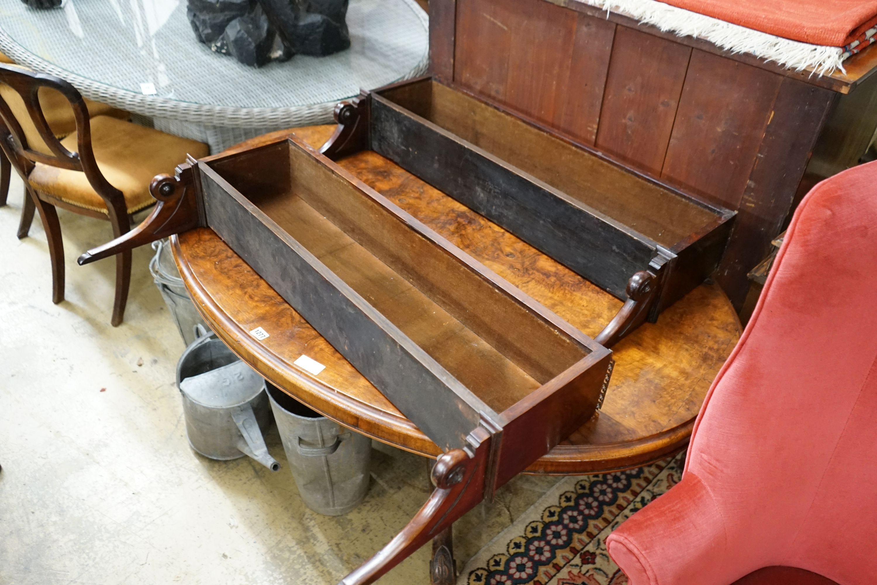 A pair of Victorian style rosewood wall brackets with brass galleried tops, width 94cm, depth 17cm, height 53cm